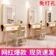 欧式 免打孔美发镜 实木理发店镜台单双面带灯剪发镜子发廊专用潮款