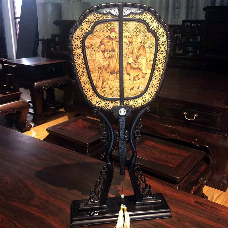 宫扇古典中国风 红木扇子摆件 屏风装饰玄关工艺品U黑檀镶嵌檀香