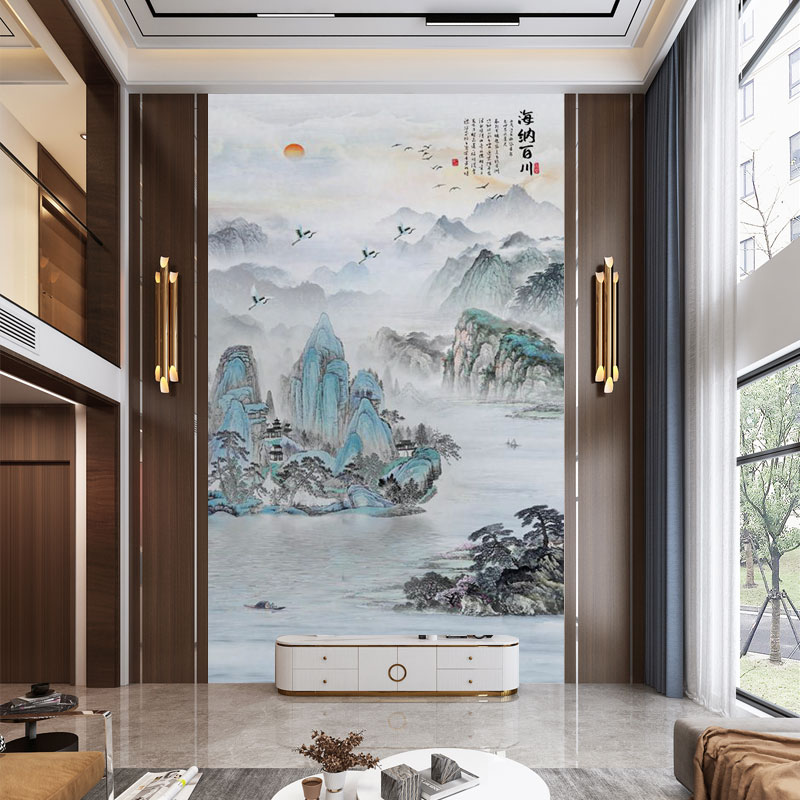 墙纸定制3d中式山水电视背景墙壁纸客厅挑高O壁布别墅玄关墙布壁