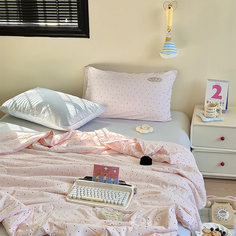 简约少女心波点毛球水洗棉夏被四件套粉色K空调被凉感夏凉被薄被