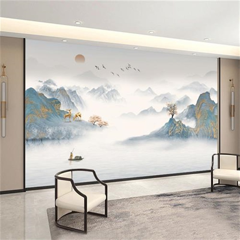 电视背景墙壁纸新中式3D立体壁A画山水画客厅壁布8d影视墙布定制