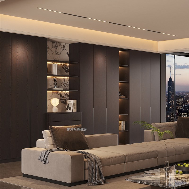 实木轻奢现代简约客厅满墙书柜意式D级简圆弧沙发背景储物柜办公