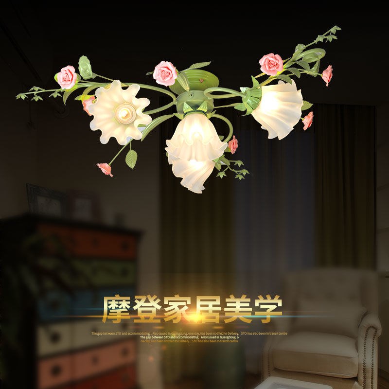 韩式田园花草吸顶k灯浪漫温馨客厅卧室铁艺陶瓷花朵女孩房间花形