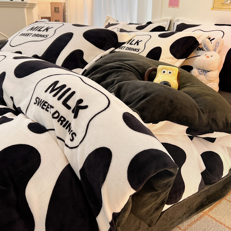 大奶牛冬季牛奶h珊瑚绒床上四件套加厚法兰绒床单被套冬天加绒床