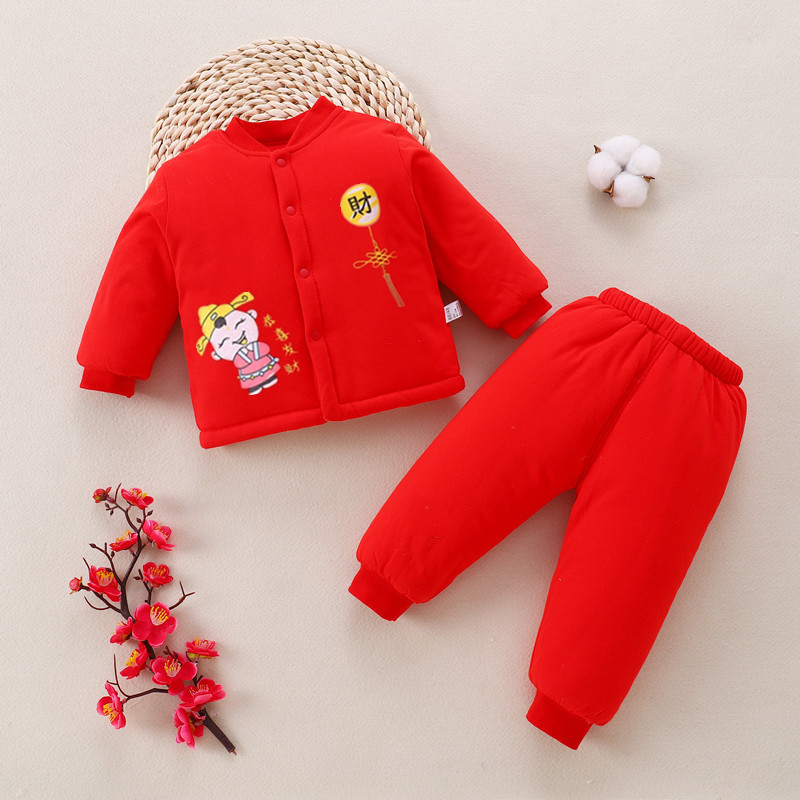 宝宝喜庆红色棉衣童装满月百天服秋冬棉袄棉裤套装时尚新款新年服