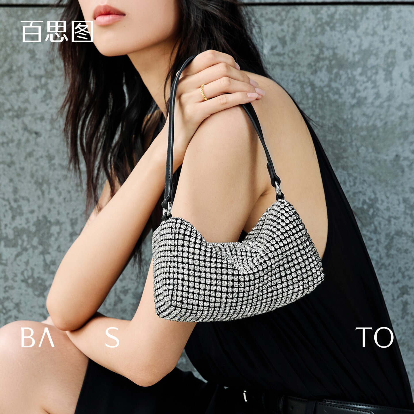 百思图水钻包包女2026新款腋下包高级感女包手提小包镶钻满钻石包