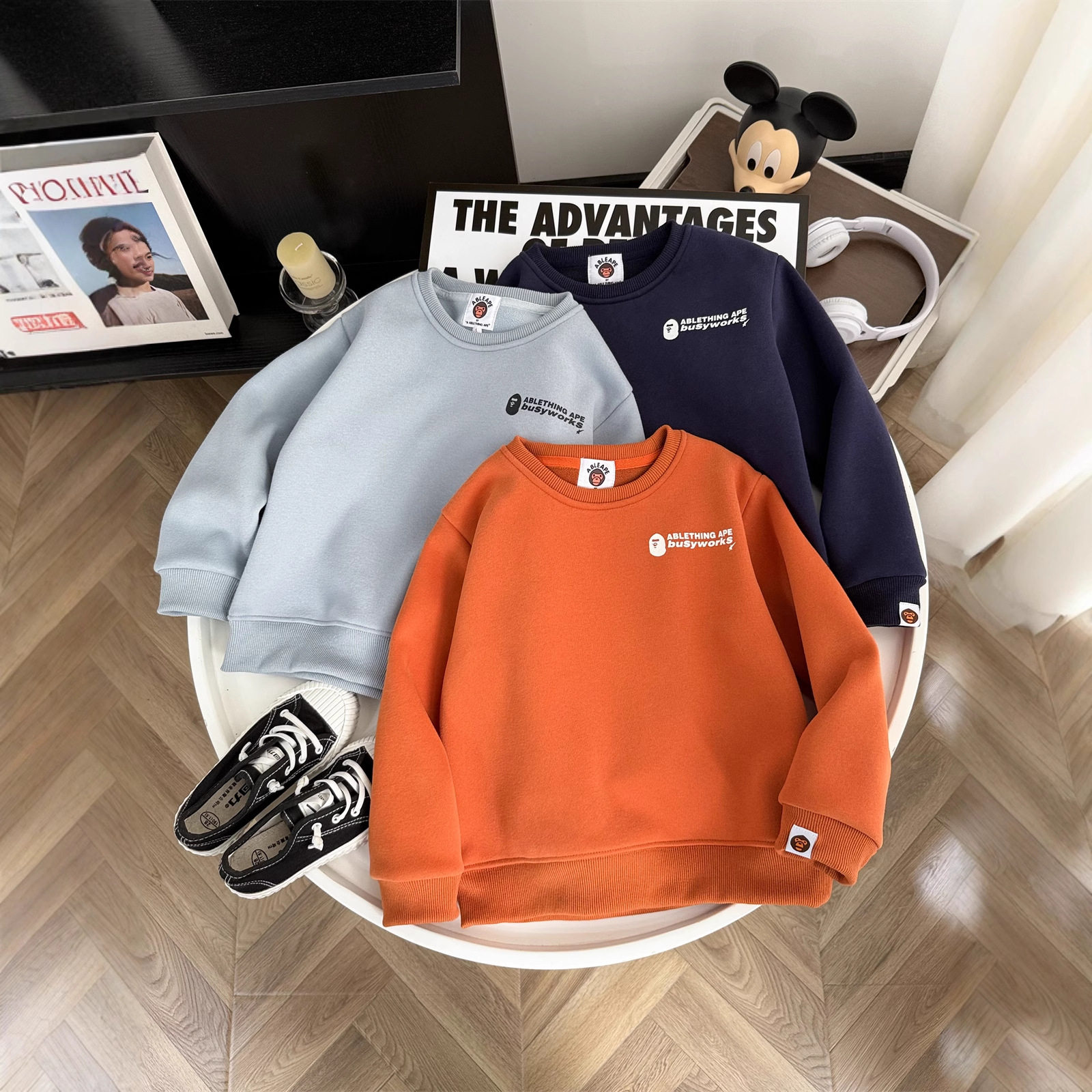 冬季新款小字母加绒卫衣彩色时尚印花潮流卫衣男款上衣儿童保暖衣