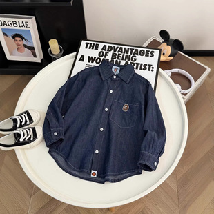 春秋帅气儿童百搭刺绣衬衫 2026春季 男女童薄款 新款 翻领 牛仔衬衫