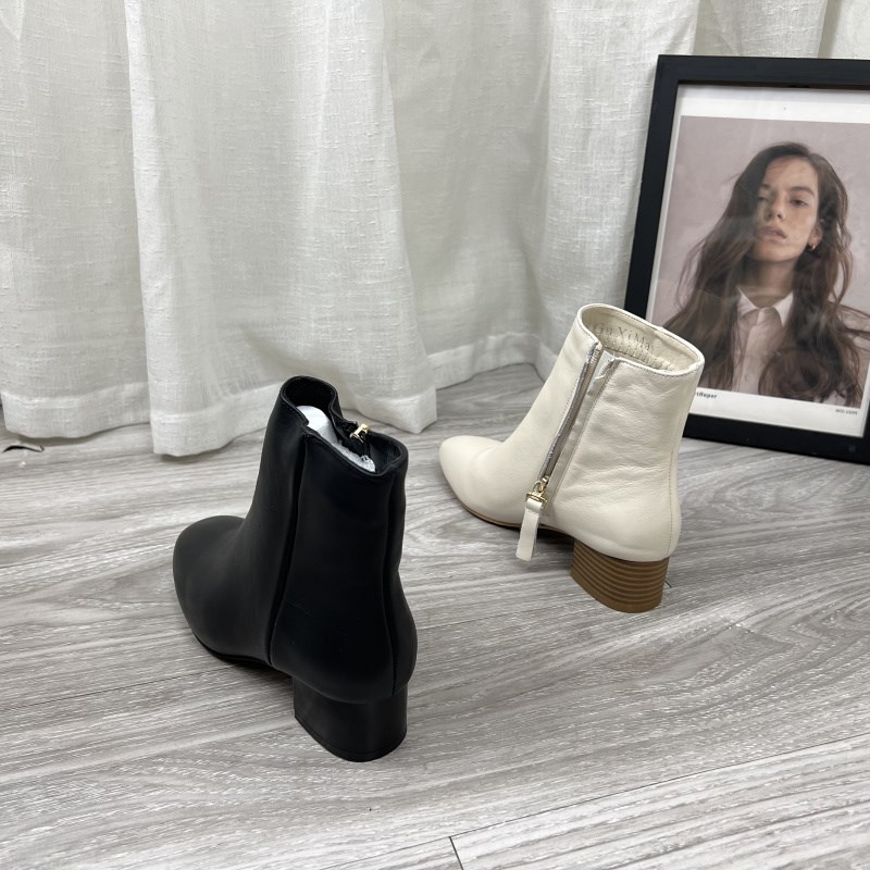 厂家断码处理真皮女靴2023新款粗跟复古纯色圆头侧拉链日常女短靴