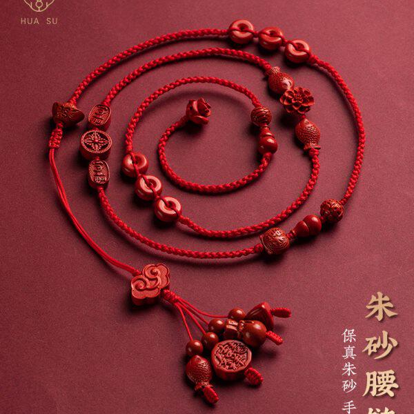 [多宝多福]朱砂红绳腰链女全手工编织腰绳龙年本命年平安饰品礼物