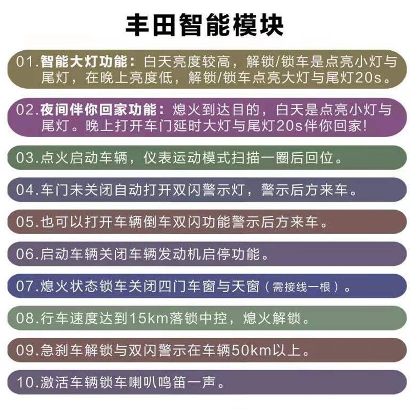 皇冠锐志凯美瑞神器扫表伴你回家延时大灯自动升窗关天窗行车落锁