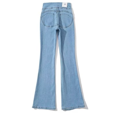 蜜桃啵啵臀 小个子提臀显瘦微喇叭裤浅蓝色水洗薄夏高腰牛仔长裤