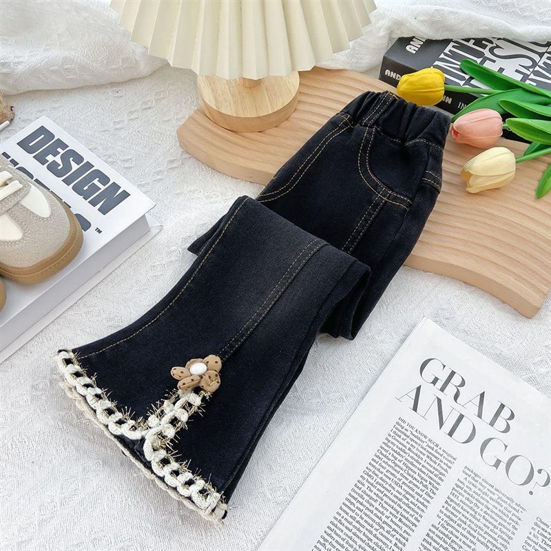 女童开叉微喇叭加绒牛仔裤秋冬新款洋气中小儿童女孩外穿长裤子潮