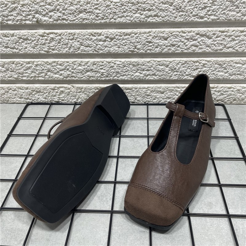 断码处理复古拼接方头单鞋女春秋新款法式晚晚风丁字扣玛丽珍鞋子