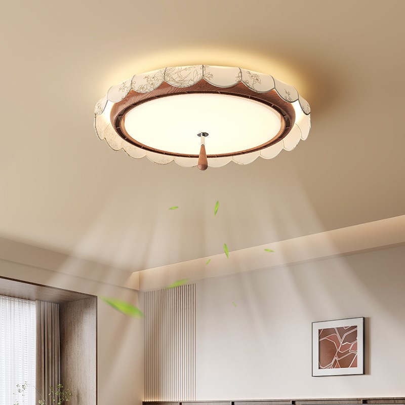 无叶风扇灯卧室吸顶灯法式中古风印花布艺宋代美学静音电扇房间灯