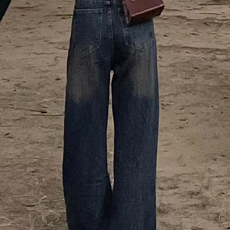 美式复古蓝灰色直筒牛仔裤高腰微喇叭阔腿裤宽松黄泥拖地长裤子女