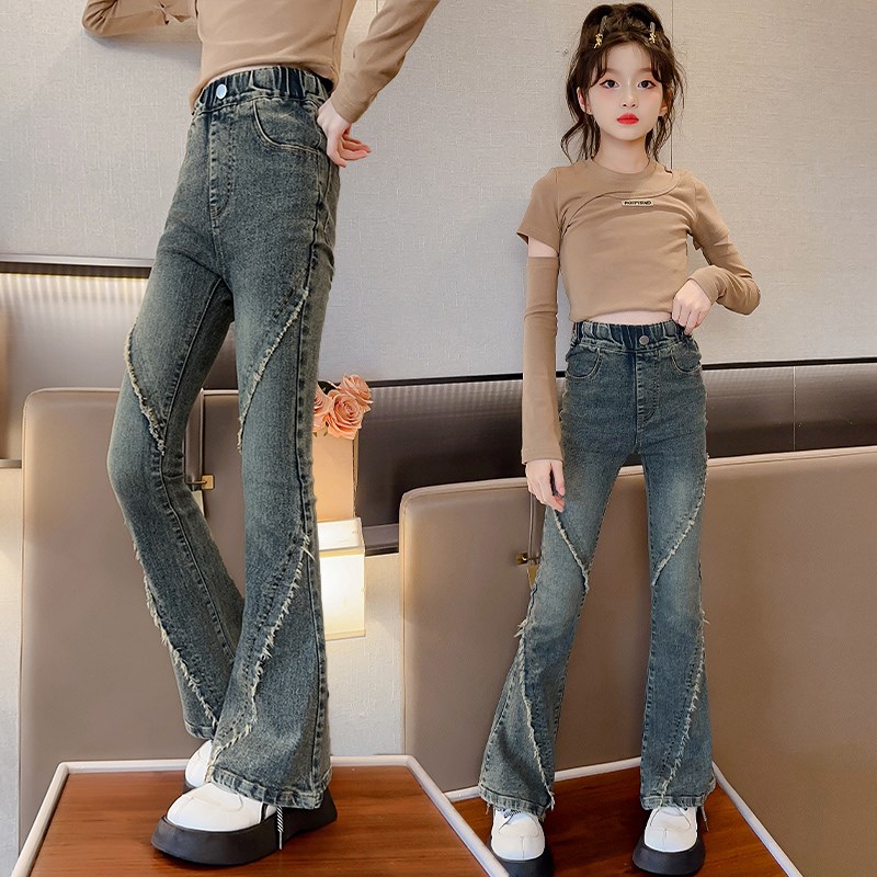 女童牛仔裤春秋童装洋气喇叭裤中大童女孩时尚复古儿童显瘦长裤子