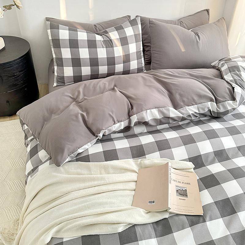 B0Z2023新款水洗棉格子被套单人双人被罩学生宿舍床上四件套四季