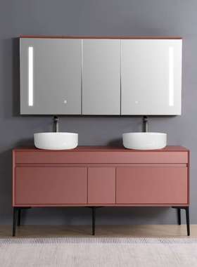 PVC浴室柜帕莎诺瓦红色极简卫生间洗手台双盆LED镜柜一米五落地柜