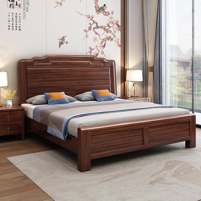 新中式乌金木实木床现代轻奢1.8米双人主卧室小户型1.5高箱储物床
