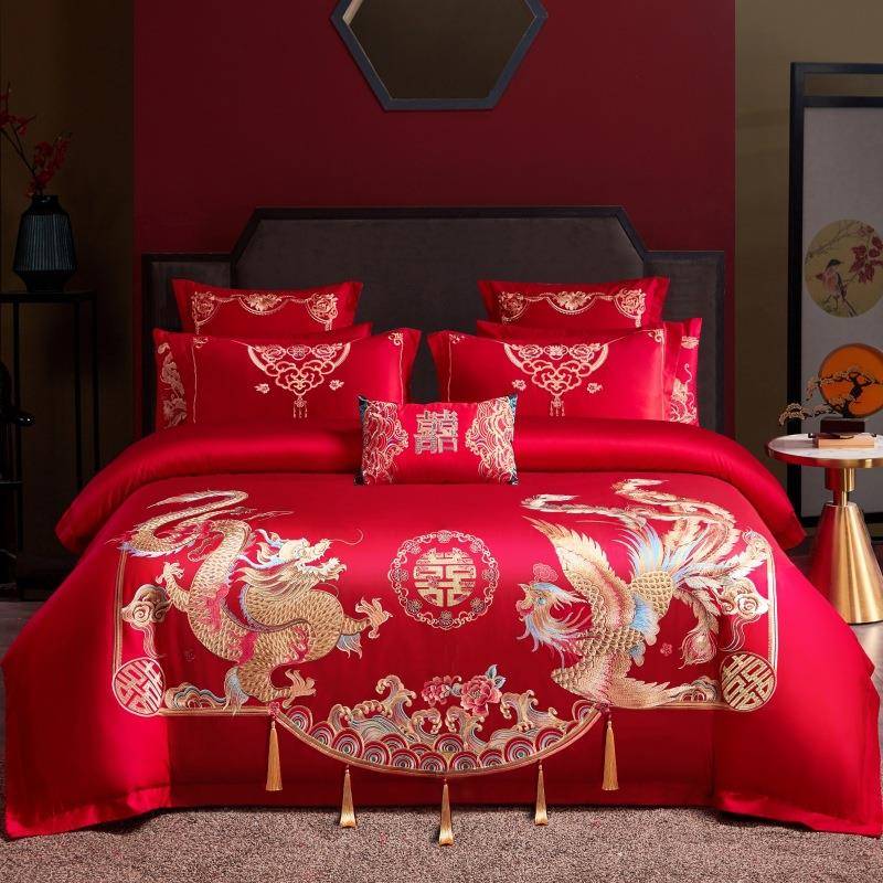 新款婚庆刺绣高密长绒棉四件套高端大红新中式纯棉多件套床上用品