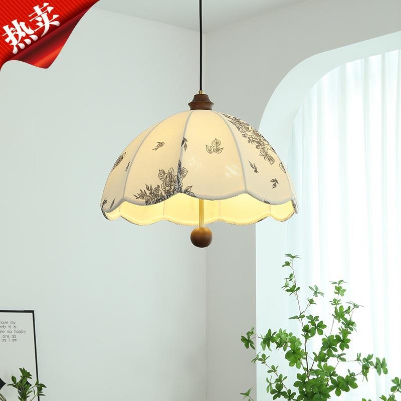 法式中古奶油风花纹布艺吊灯实木餐厅可伸缩吧台卧室书房南洋风灯
