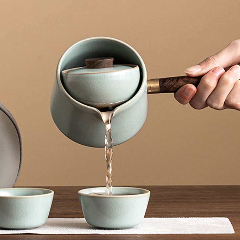 天青汝窑侧把壶茶具套装创意转转茶壶泡茶家用户外不烫手一壶三杯