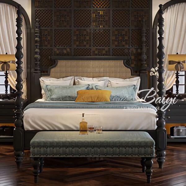 法式复古实木床双人床高端别墅1.8米四柱床欧式雕花罗马柱公主床