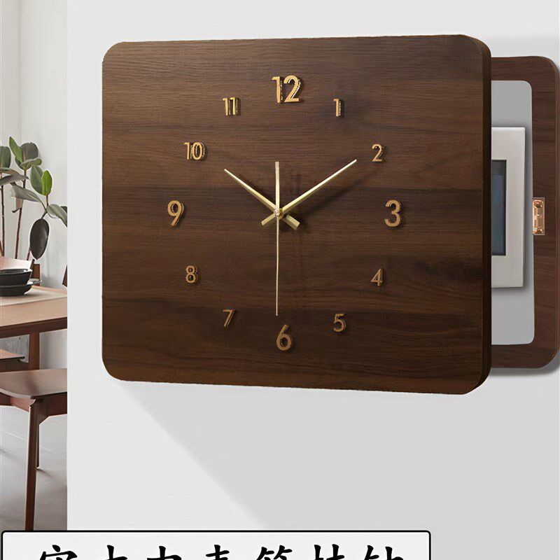 电表箱装饰画带钟表实木遮挡时钟免打孔遮丑配电箱简约胡桃木挂钟