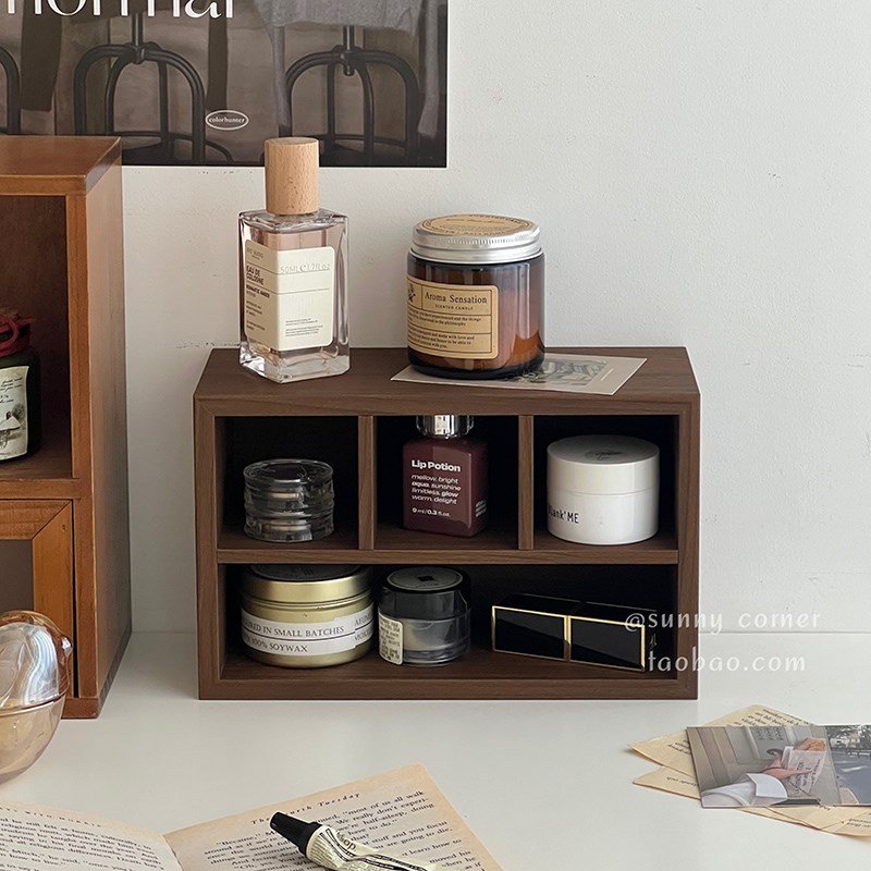 复古木质桌面分格收纳盒文具杂物化妆品整理盒置物盒长方形储物盒