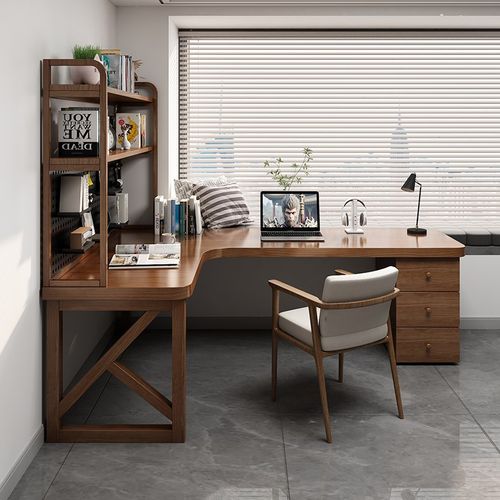 实木转角桌书桌书柜书架一体整墙组合定制L型拐角桌7字型学习桌子