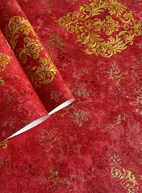 红色暗 3D壁纸浮雕大花欧式饭店大红色KTV背景墙奢华墙纸客厅酒店