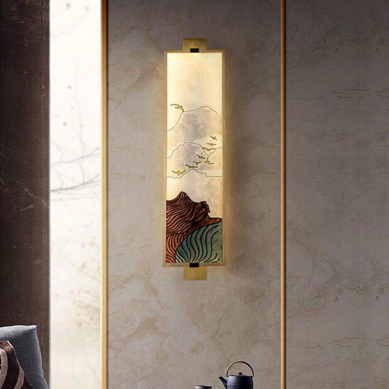 珐瑯彩新中式壁灯画全铜高端中国风客厅背景墙灯过道卧室床头灯具