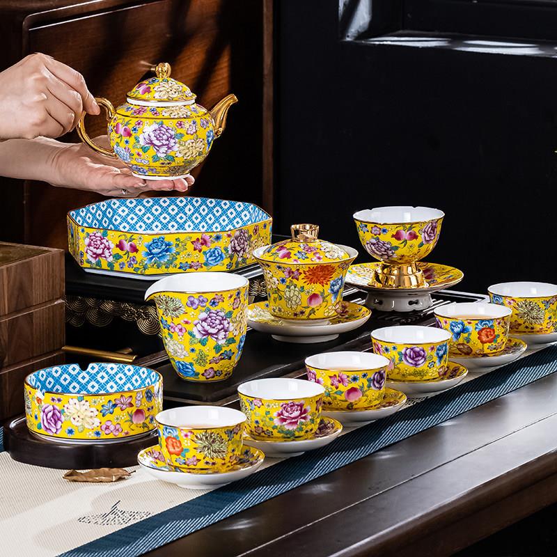 描金珐瑯彩万泡茶茶具套组家用礼盒功夫茶盘盖碗茶杯茶壶陶瓷茶具