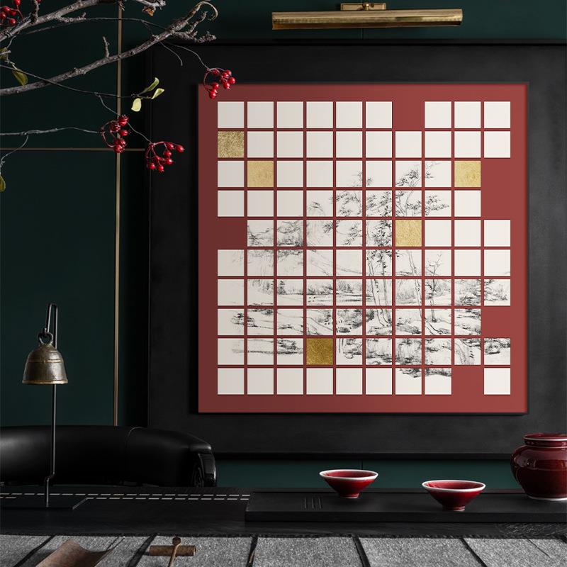 新中式山水装饰画方格内风景玄关挂画红色喜庆软装样板间客厅壁画