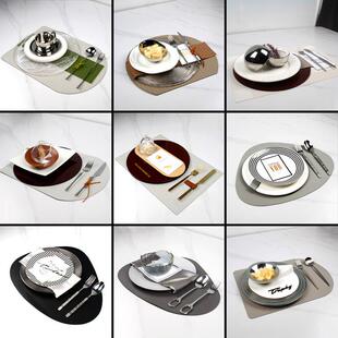 北欧样板间餐具套装软装餐桌摆台样板房餐盘摆件浅灰色皮餐垫套装