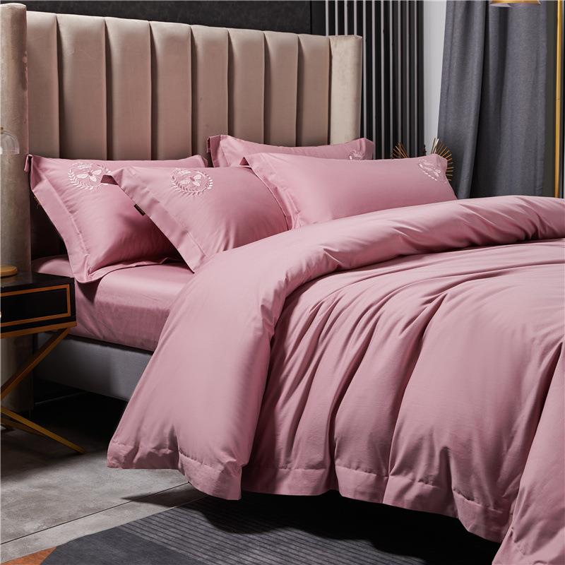 100支贡缎长绒棉全棉纯棉纯色绣花刺绣拼接床单床笠四件套