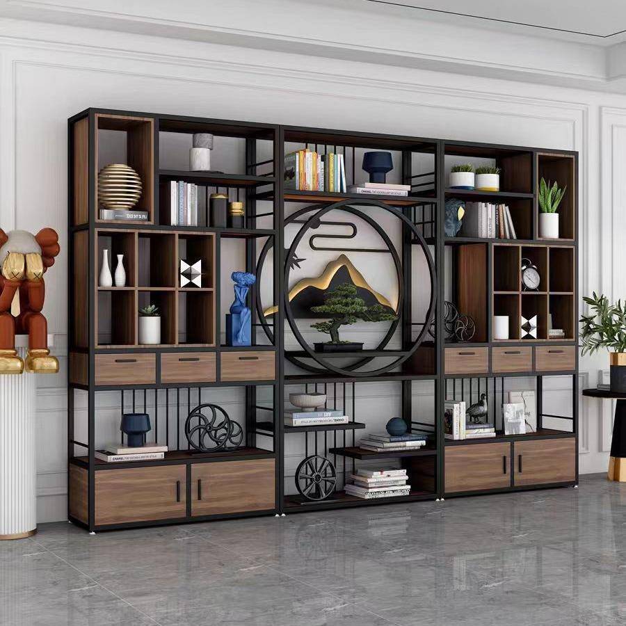 新中式铁艺博古架书架展示架办公室隔断柜餐厅实木茶柜茶室置物架