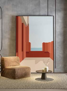 现代轻奢客厅玄关装饰画橙色空间建筑艺术走廊尽头壁画竖版挂画
