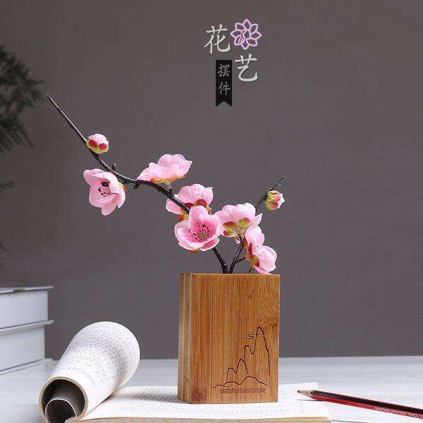 办公桌摆件新中式书房装饰创意仿真花竹工艺品花插笔筒文艺小清新