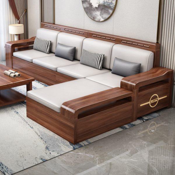 胡桃木实木沙发组合现代中式客厅冬夏两用雕花储物贵妃转角木沙发