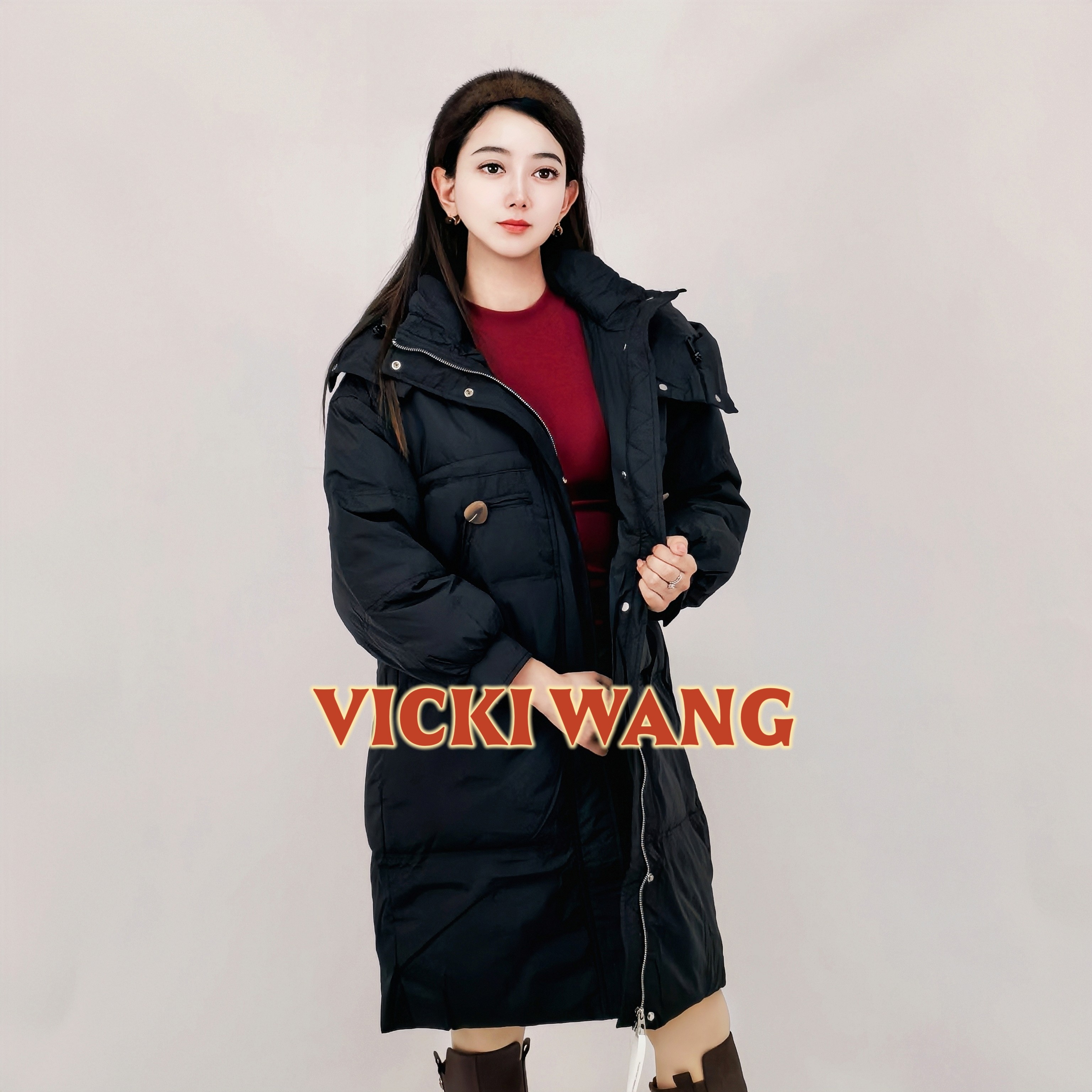 黑色连帽中长款羽绒服女加厚工装口袋长款袄子冬季外套