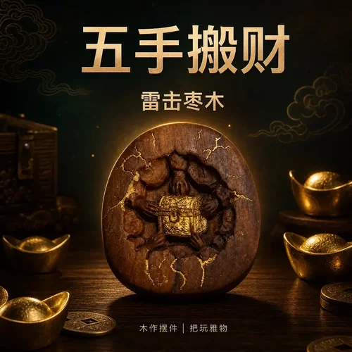 雷击枣木五手搬宝木雕吊坠挂件