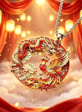 红色龙凤呈祥吊坠立体浮雕项链