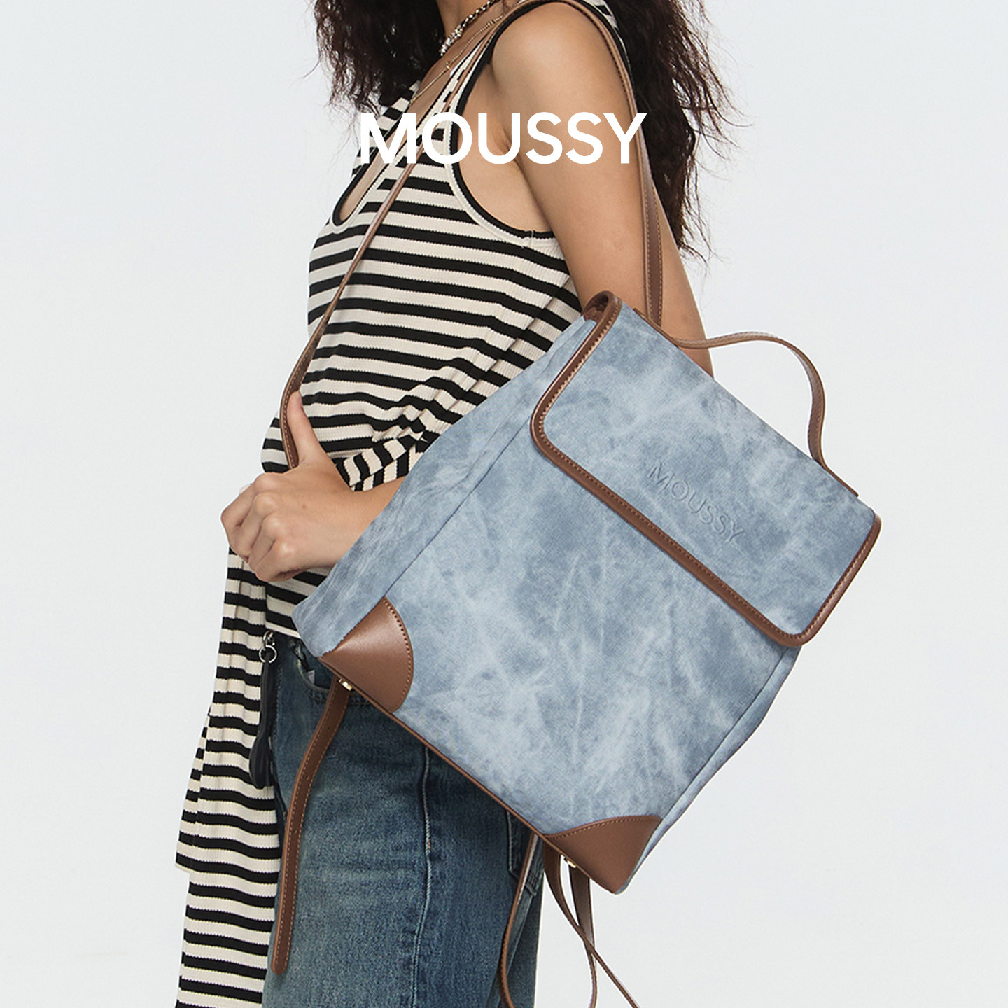 MOUSSY GeekChic仿牛仔PU双肩包大容量背包旅行通勤轻便电脑包