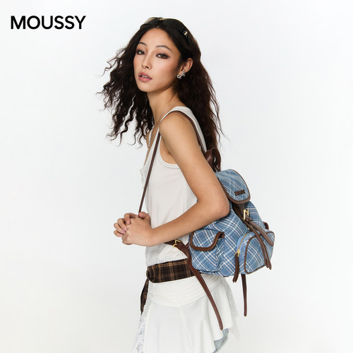 Moussy复古牛仔格纹双肩背包女