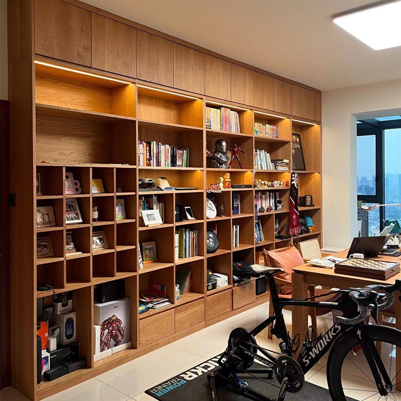 定制整墙书柜樱桃木一体到v顶满墙落地书架去客厅化全实木原木