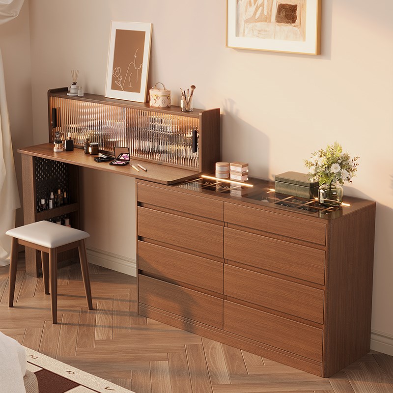 2025款d新中式实木梳妆台书桌二合一卧室飘窗转角化妆台床尾收纳