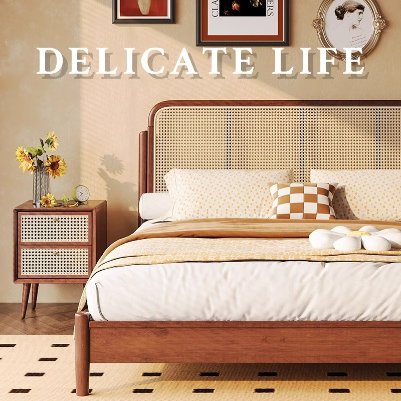 北欧实木藤编床1.8m双t人床藤床复古胡桃简约日式民宿家具侘寂风