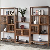 组合落地书架新中式 书房置物架多层陈列书柜实木客厅博古架老榆木